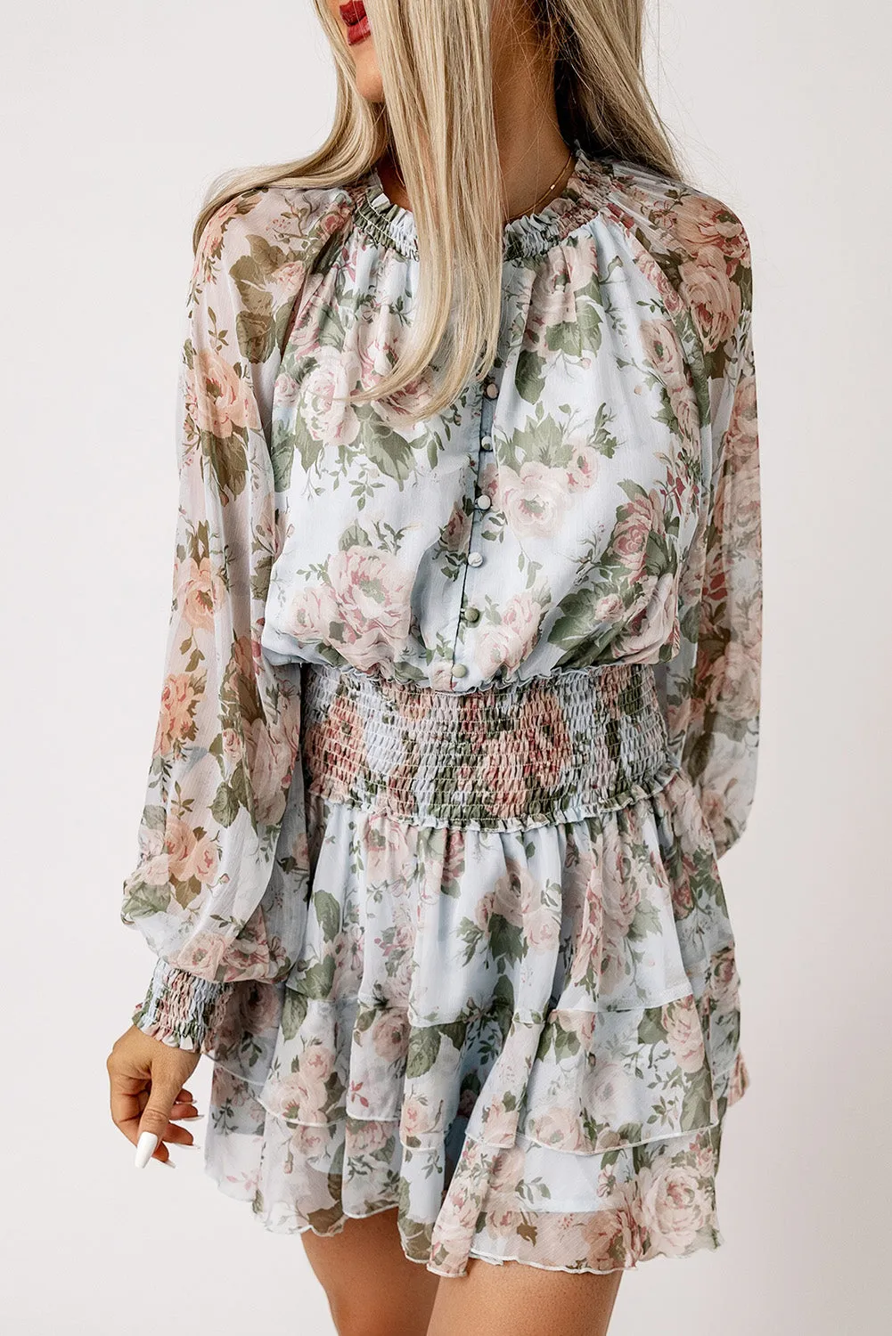 Green Floral Print Tiered Ruffled Shirred High Waist Mini Dress