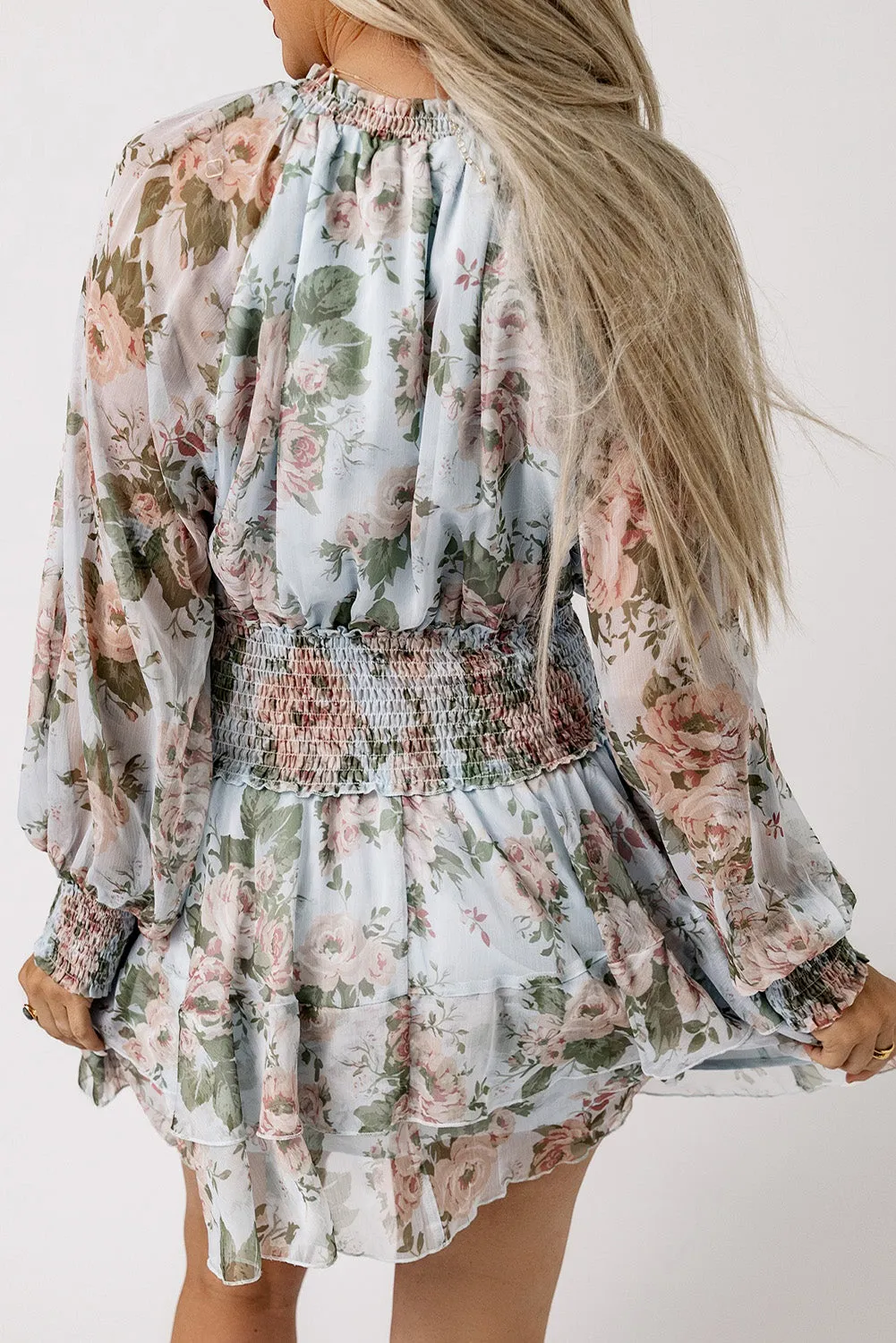 Green Floral Print Tiered Ruffled Shirred High Waist Mini Dress