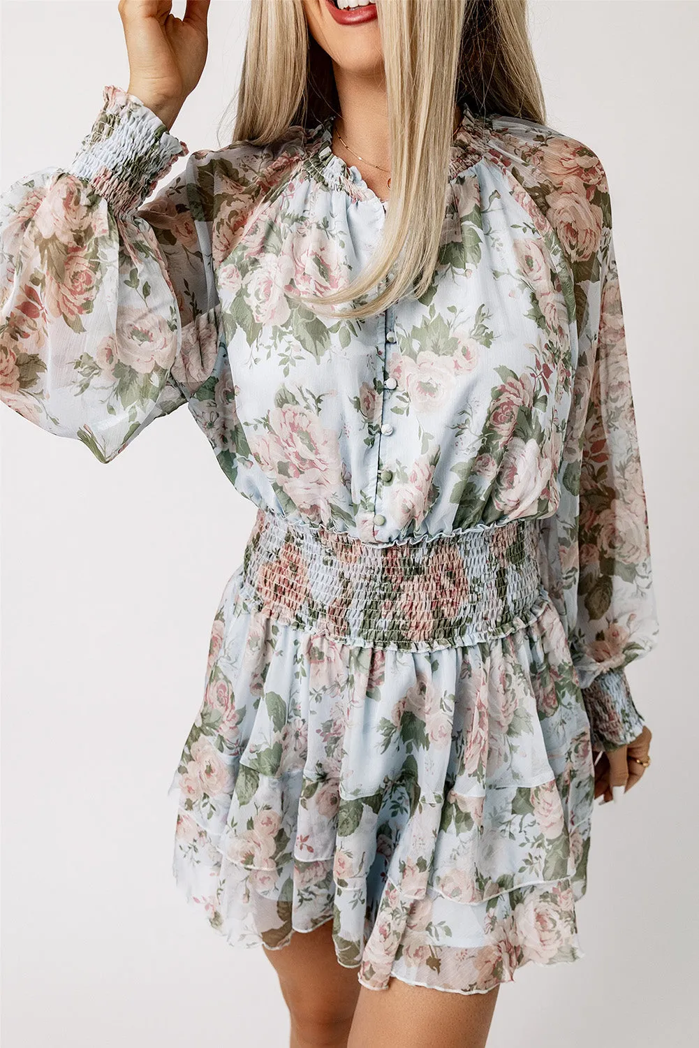 Green Floral Print Tiered Ruffled Shirred High Waist Mini Dress
