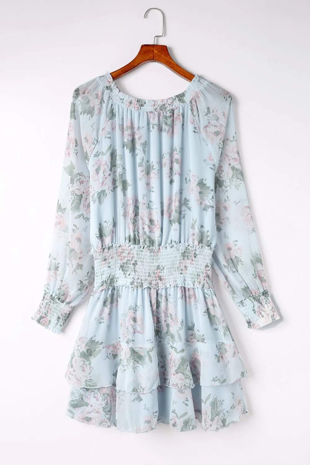 Green Floral Print Tiered Ruffled Shirred High Waist Mini Dress