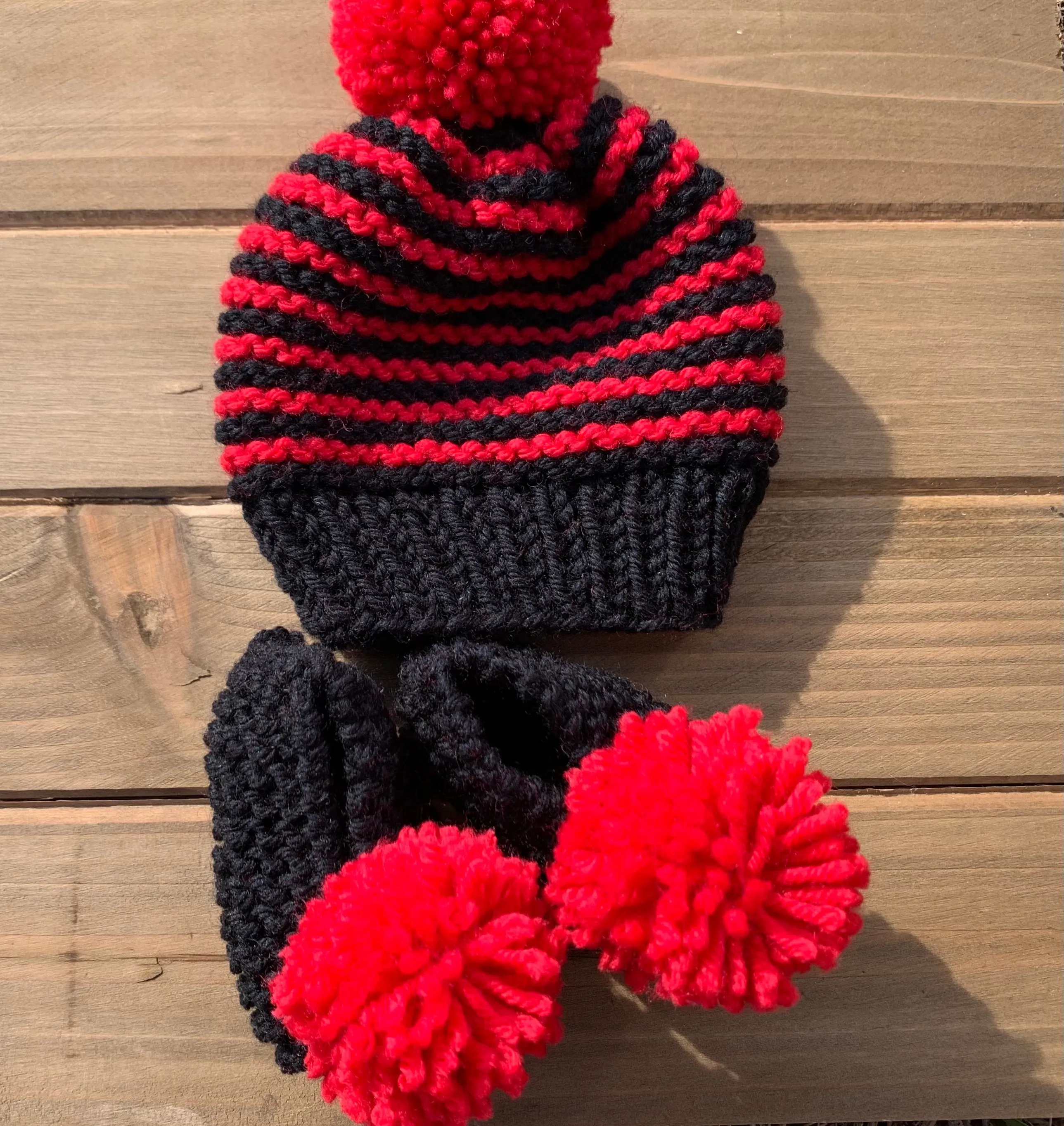Hand Knitted Black and Red Hat with Booties