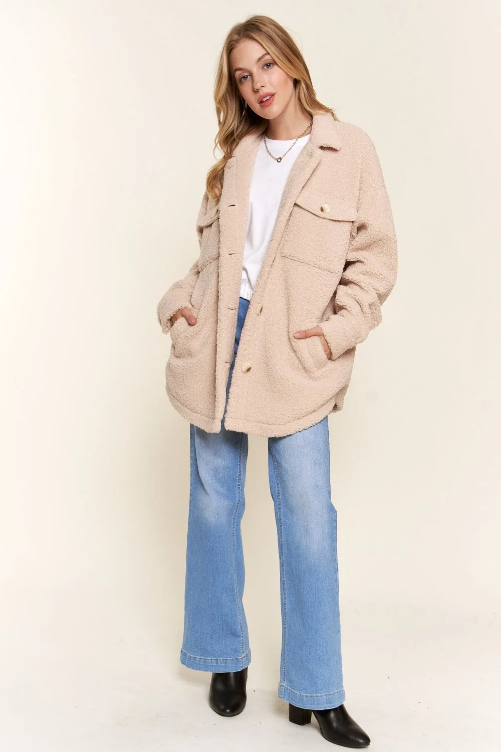 Hazel Blues® |  And The Why Teddy Sherpa Button Down Curved Hem Shacket