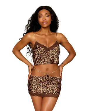Leopard Printed Stretch Satin Camisole & Mini-Skirt Set with Lace & Chain Details