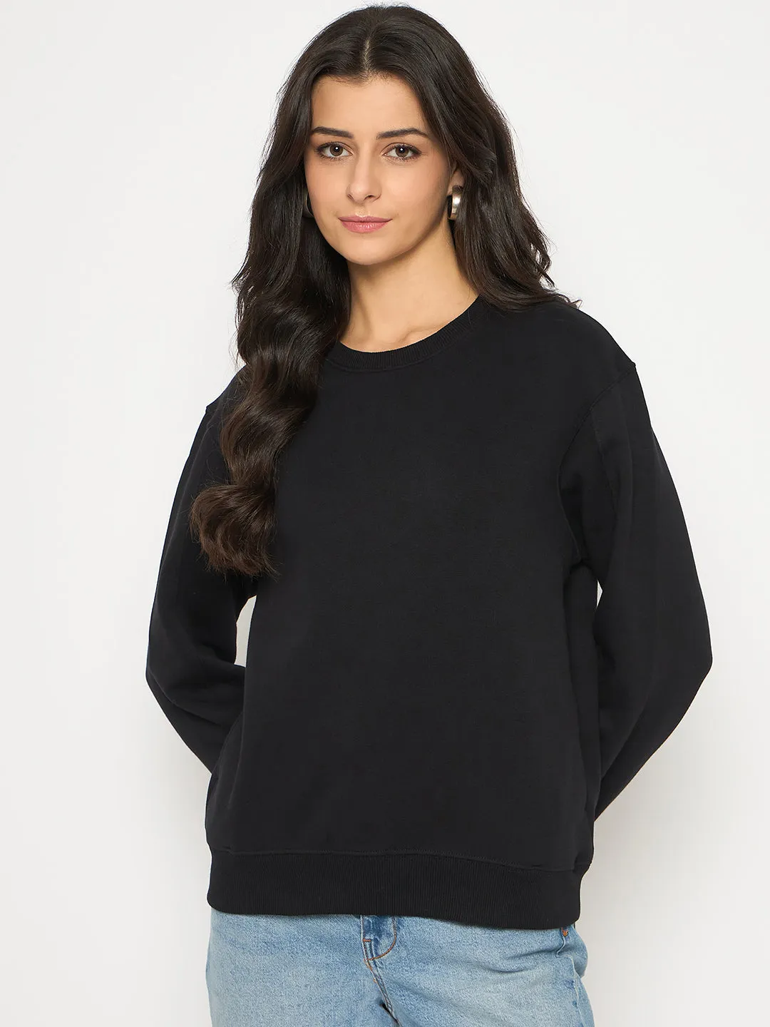 Madame Cotton Blend Solid Black Sweatshirt