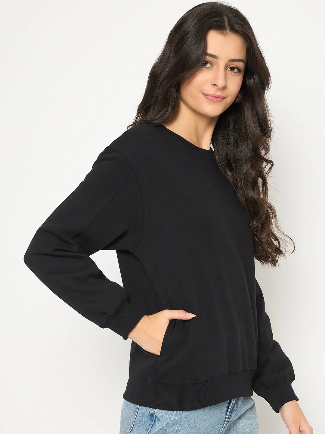 Madame Cotton Blend Solid Black Sweatshirt