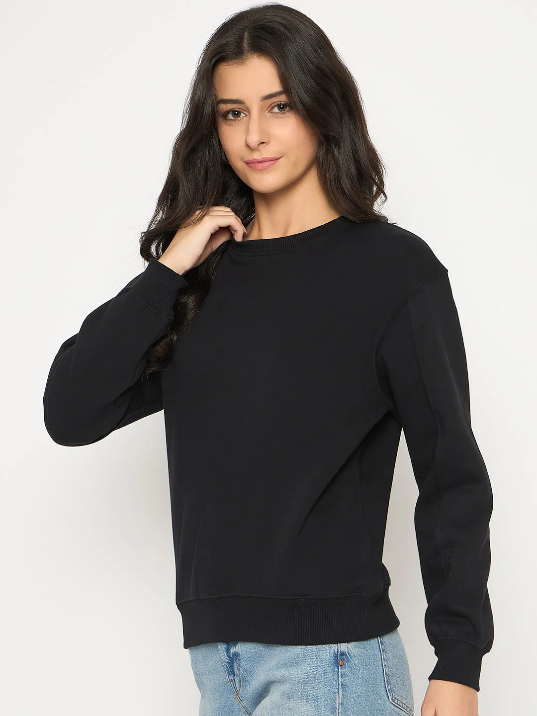 Madame Cotton Blend Solid Black Sweatshirt