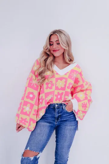 Maya Multi Print V-Neck Sweater - Pink/Yellow