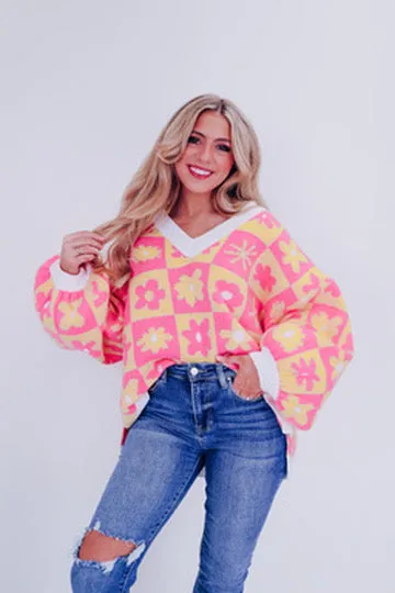 Maya Multi Print V-Neck Sweater - Pink/Yellow