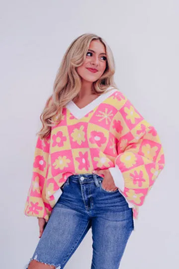Maya Multi Print V-Neck Sweater - Pink/Yellow