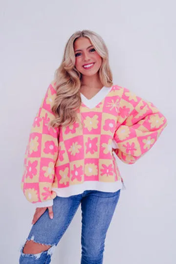 Maya Multi Print V-Neck Sweater - Pink/Yellow