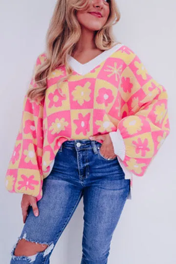 Maya Multi Print V-Neck Sweater - Pink/Yellow