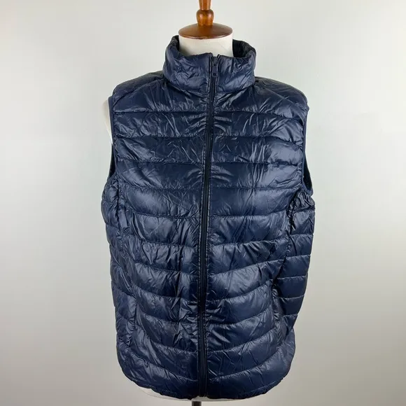 Navy Blue Lightweight Down Puffer Vest Quilted Sleeveless Full Zip Fits Medium