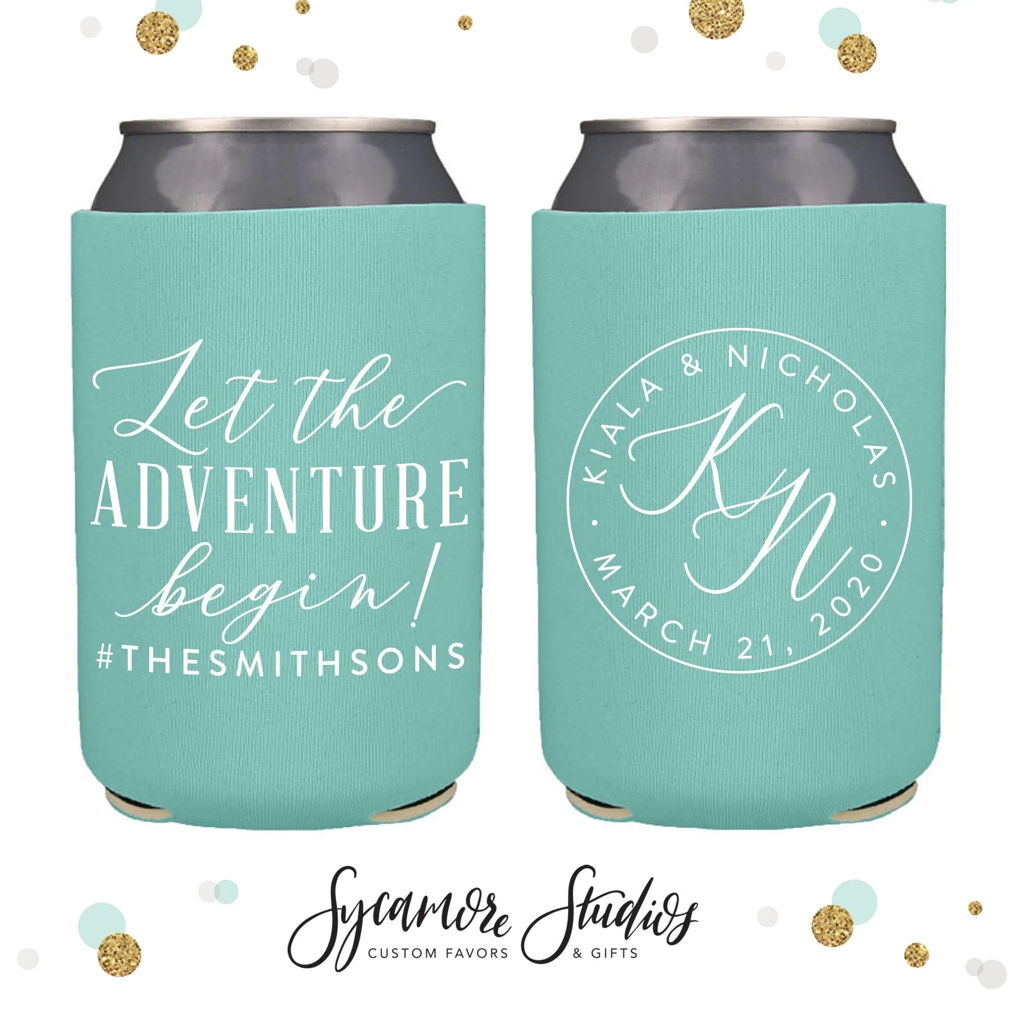 Neoprene Wedding Can Cooler #137 - Let The Adventure Begin