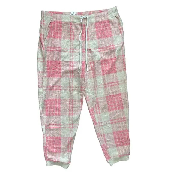 NWT Aerie Snowed In Fuzzy Jogger Plaid Pant Size XL Pink