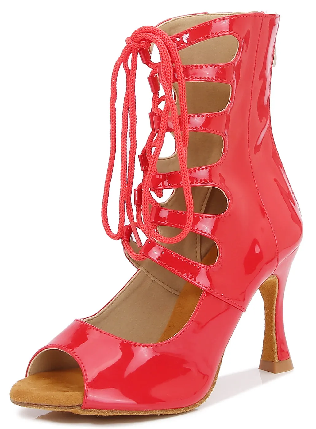 Red latin jazz Dance Shoes for  Adult Women's Middle Heel Hollow Fish Mouth Sandals Soft Sole Square Dance Stiletto