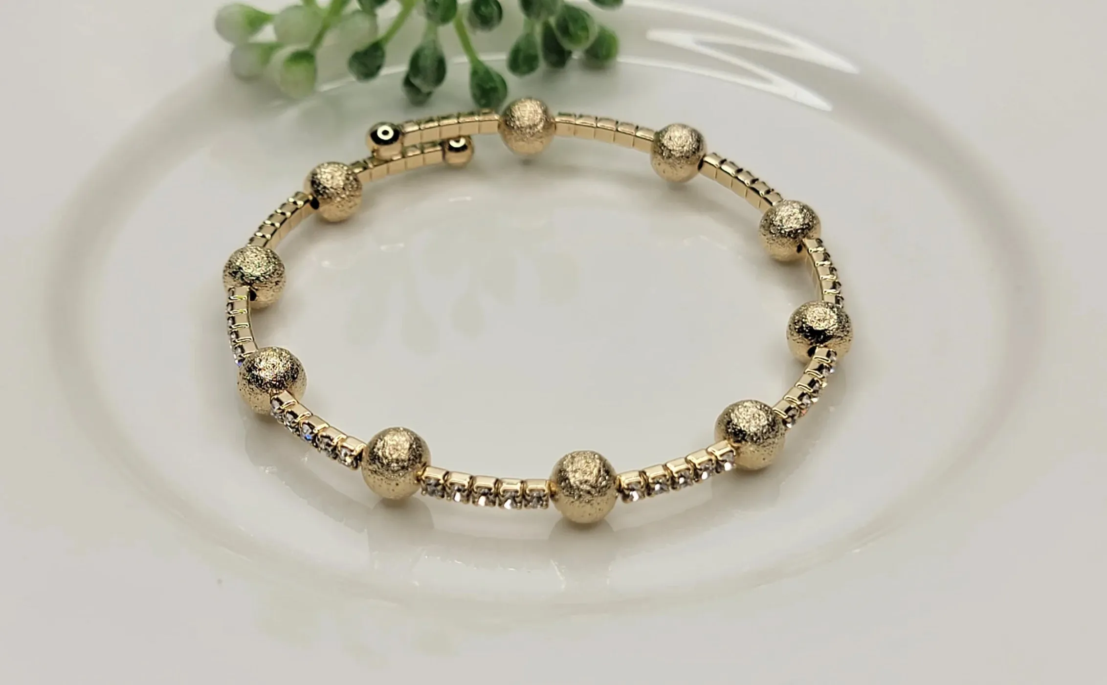 Stackable Flexible Rhinestone Cuff - Gold Frosted Beads