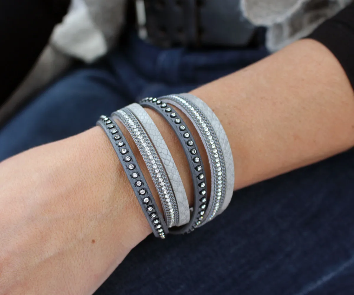 Studded Rhinestone Gray Double Wrap Leather Bracelet