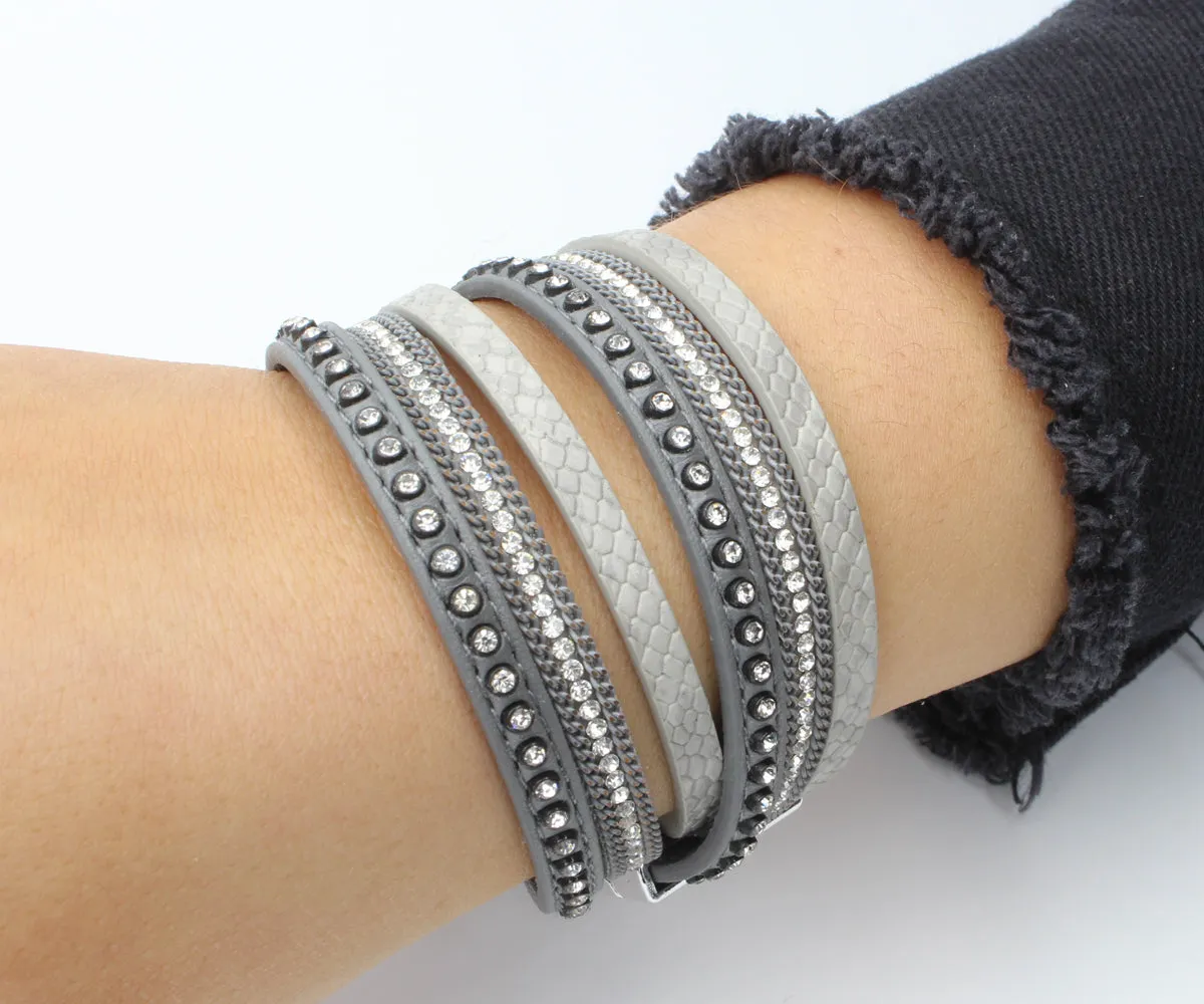 Studded Rhinestone Gray Double Wrap Leather Bracelet