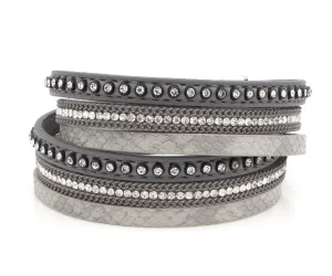 Studded Rhinestone Gray Double Wrap Leather Bracelet