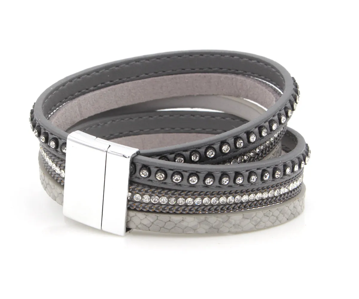 Studded Rhinestone Gray Double Wrap Leather Bracelet