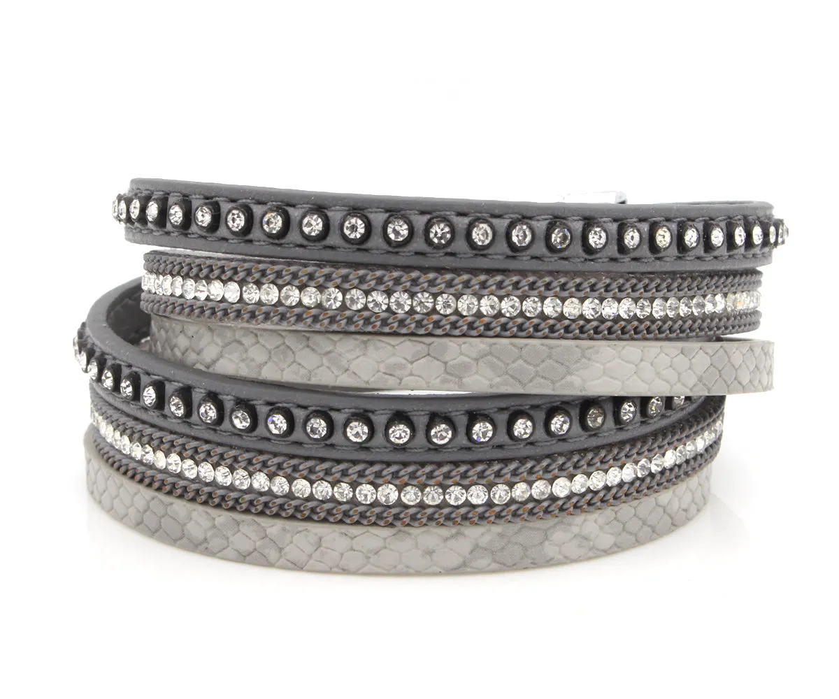 Studded Rhinestone Gray Double Wrap Leather Bracelet