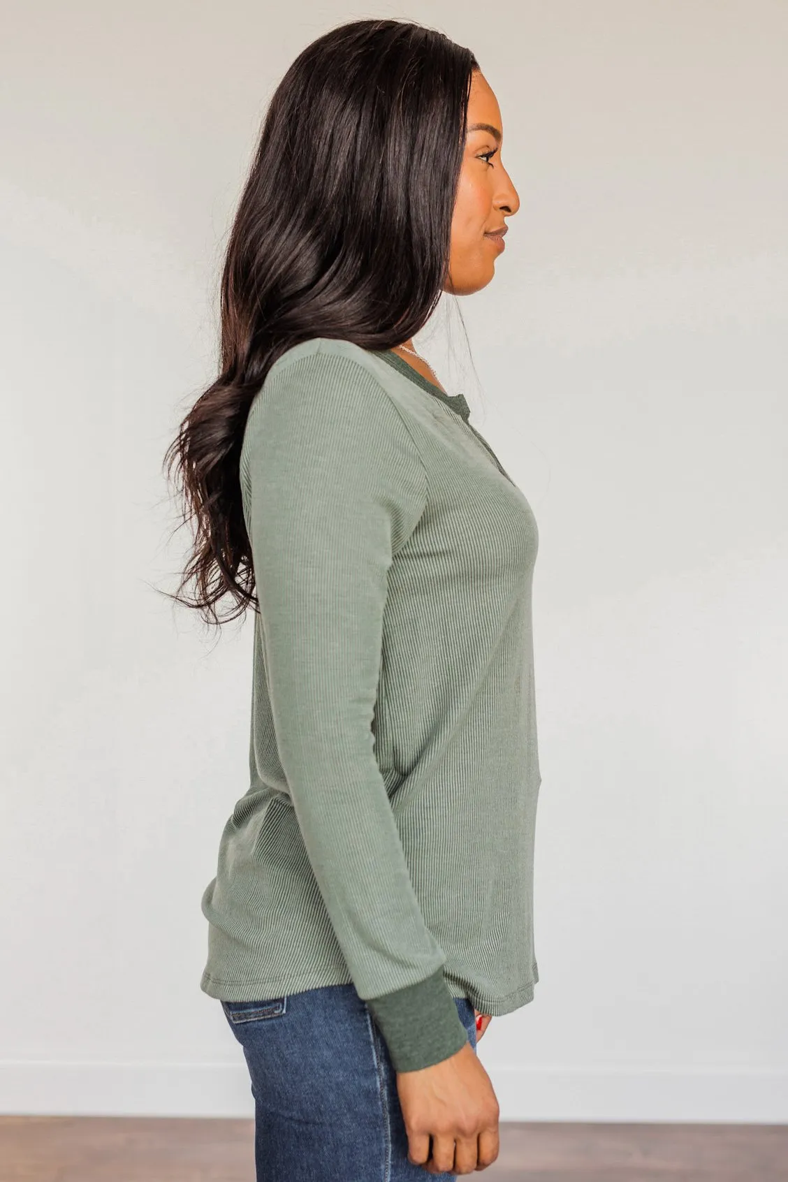 Tied For Love Ribbed Long Sleeve Top- Olive