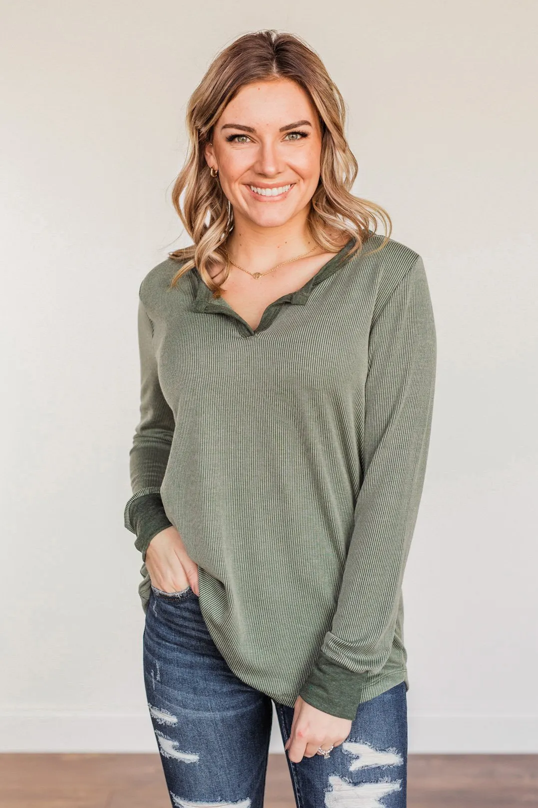 Tied For Love Ribbed Long Sleeve Top- Olive