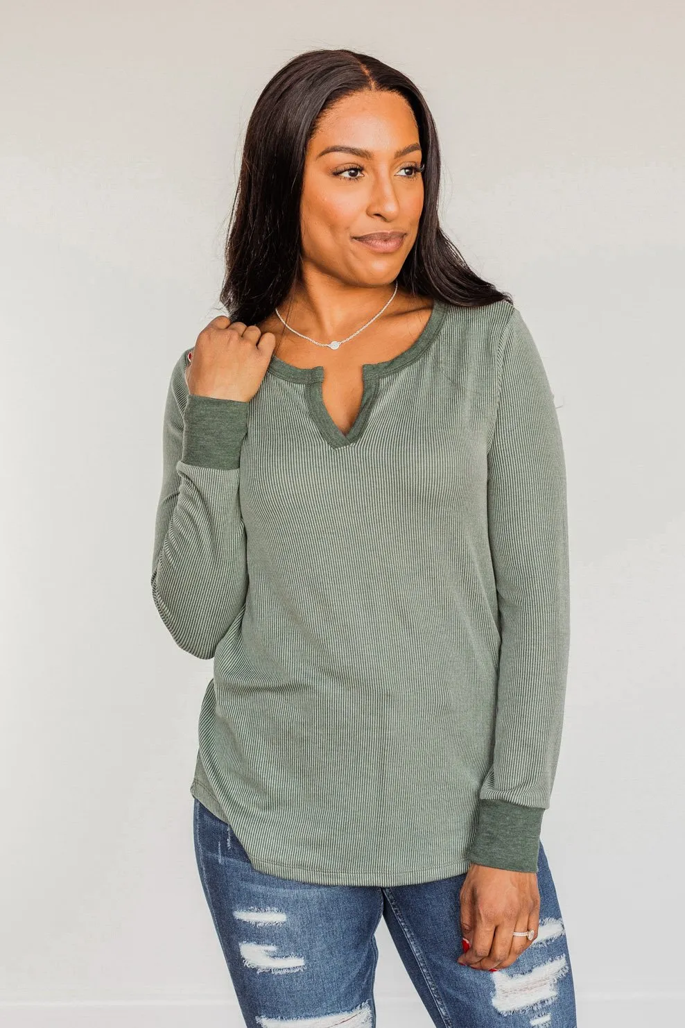 Tied For Love Ribbed Long Sleeve Top- Olive