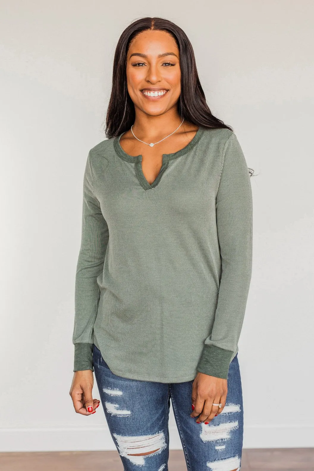 Tied For Love Ribbed Long Sleeve Top- Olive