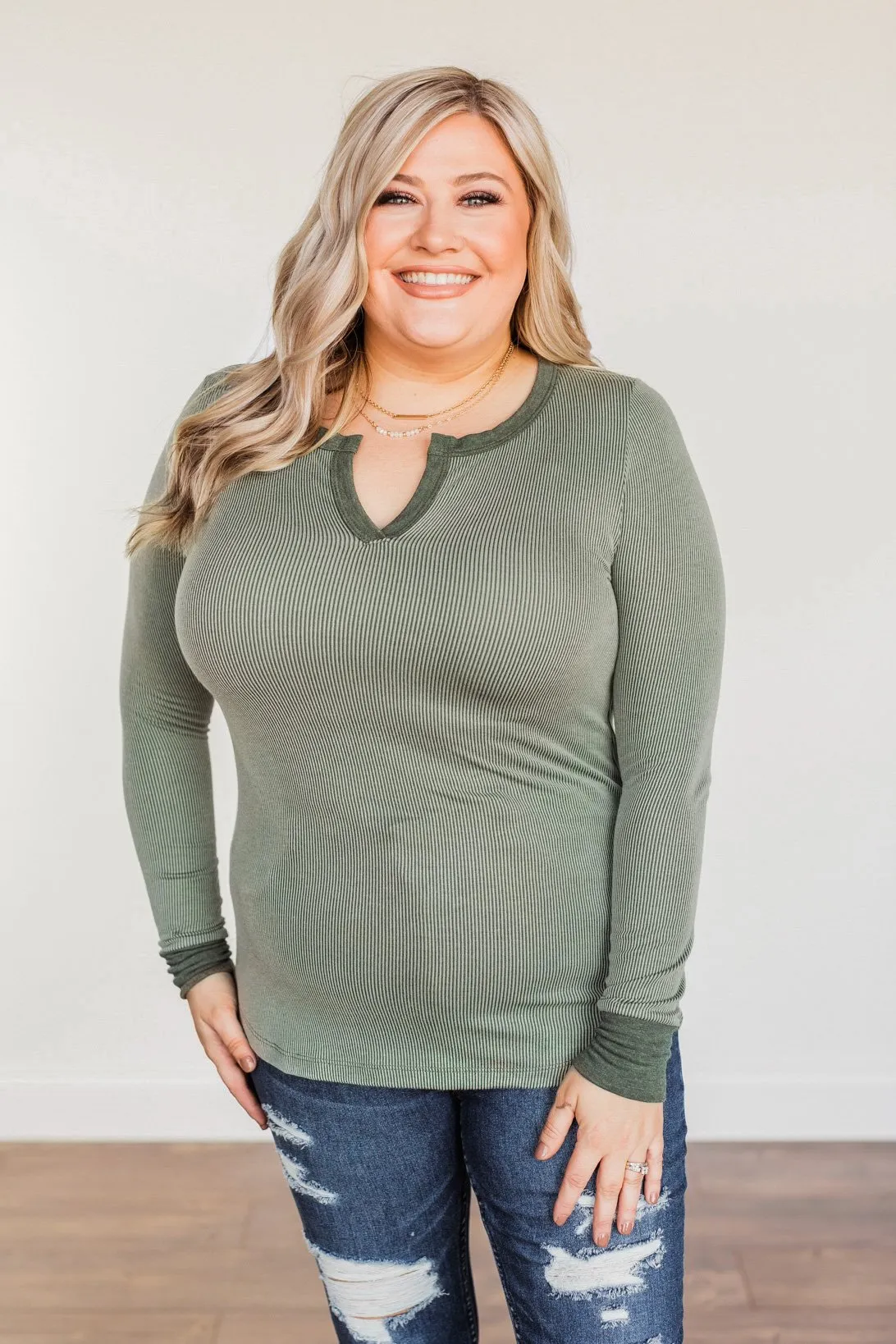 Tied For Love Ribbed Long Sleeve Top- Olive
