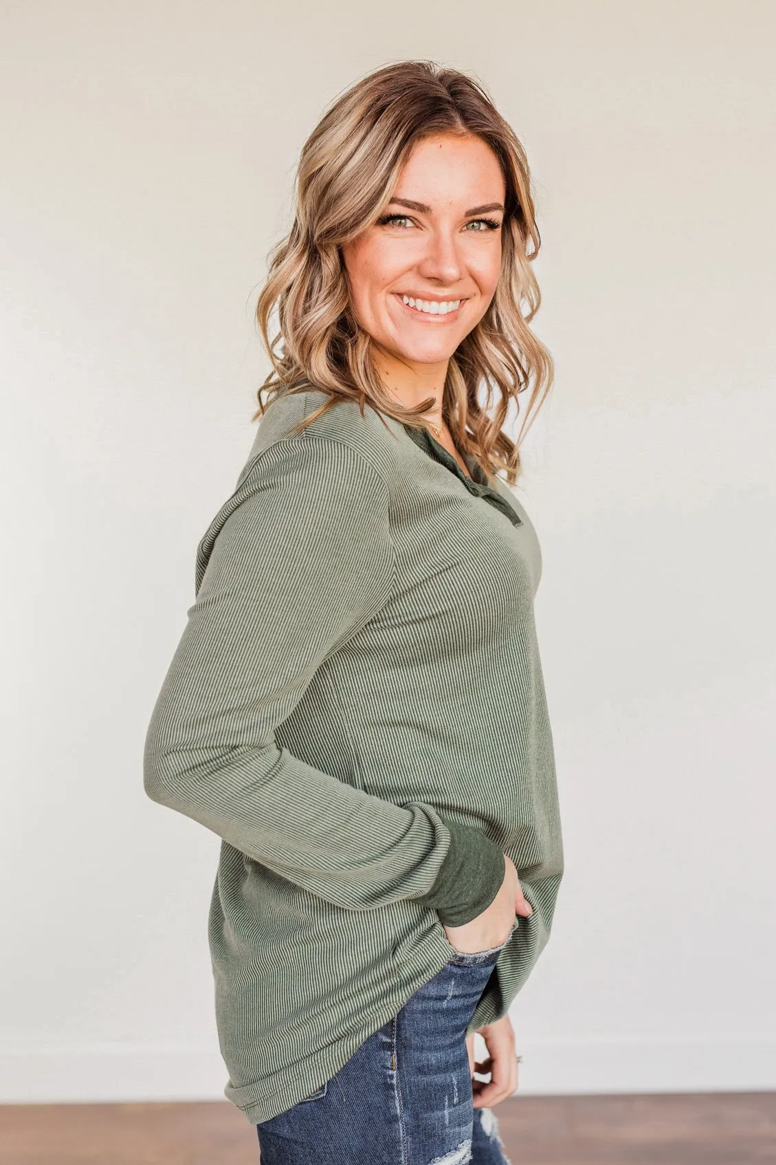 Tied For Love Ribbed Long Sleeve Top- Olive