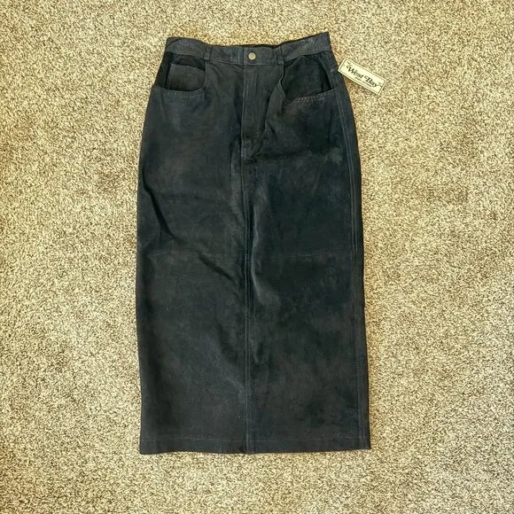 Vintage 100% genuine leather suede midi maxi skirt black cowgirl sz 10