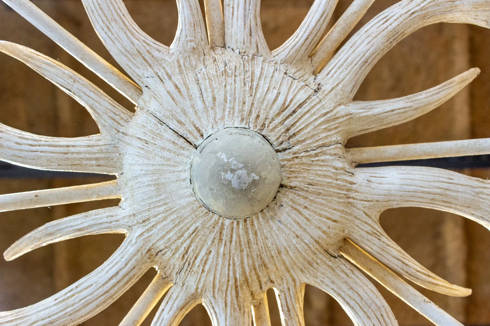 Vintage Hand Carved Wood & Iron Antler Chandelier in Antiqued White
