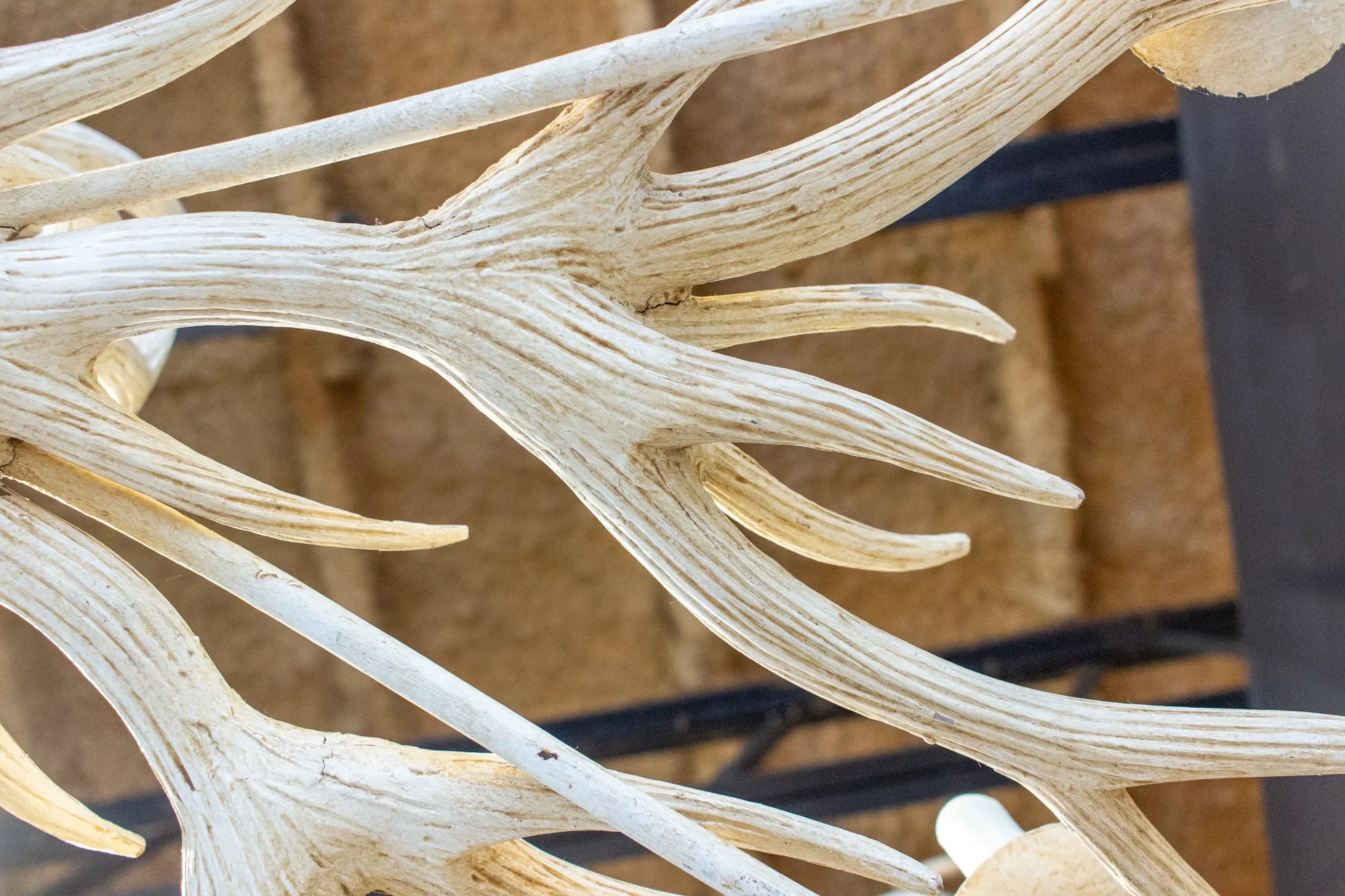 Vintage Hand Carved Wood & Iron Antler Chandelier in Antiqued White
