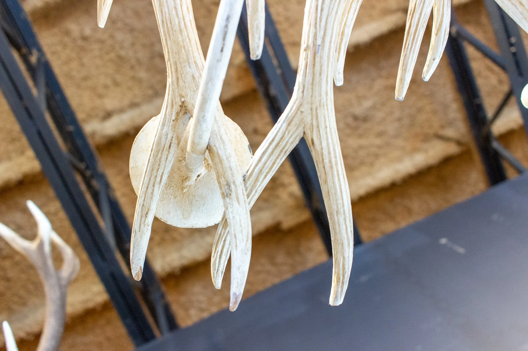 Vintage Hand Carved Wood & Iron Antler Chandelier in Antiqued White