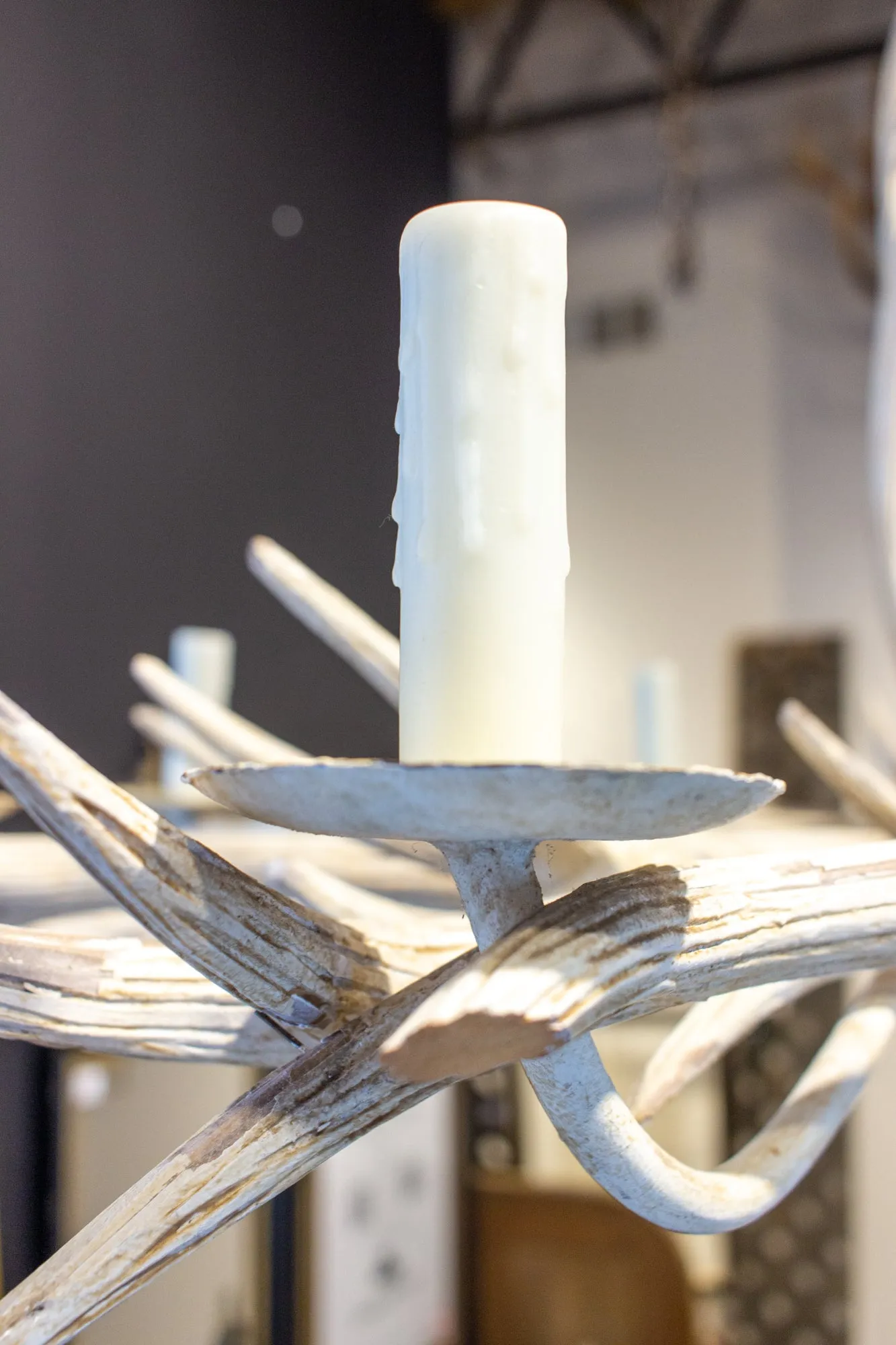 Vintage Hand Carved Wood & Iron Antler Chandelier in Antiqued White
