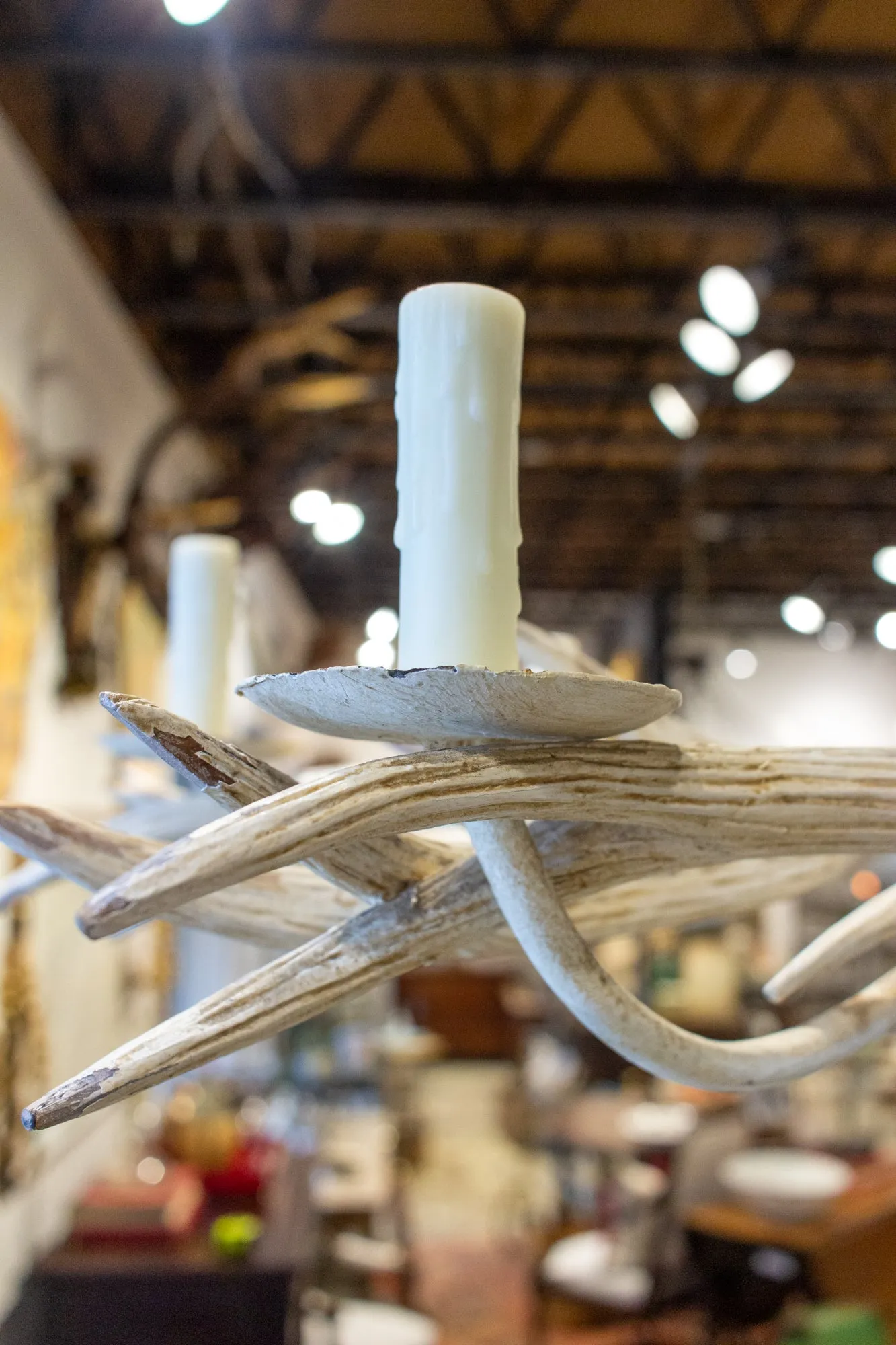 Vintage Hand Carved Wood & Iron Antler Chandelier in Antiqued White