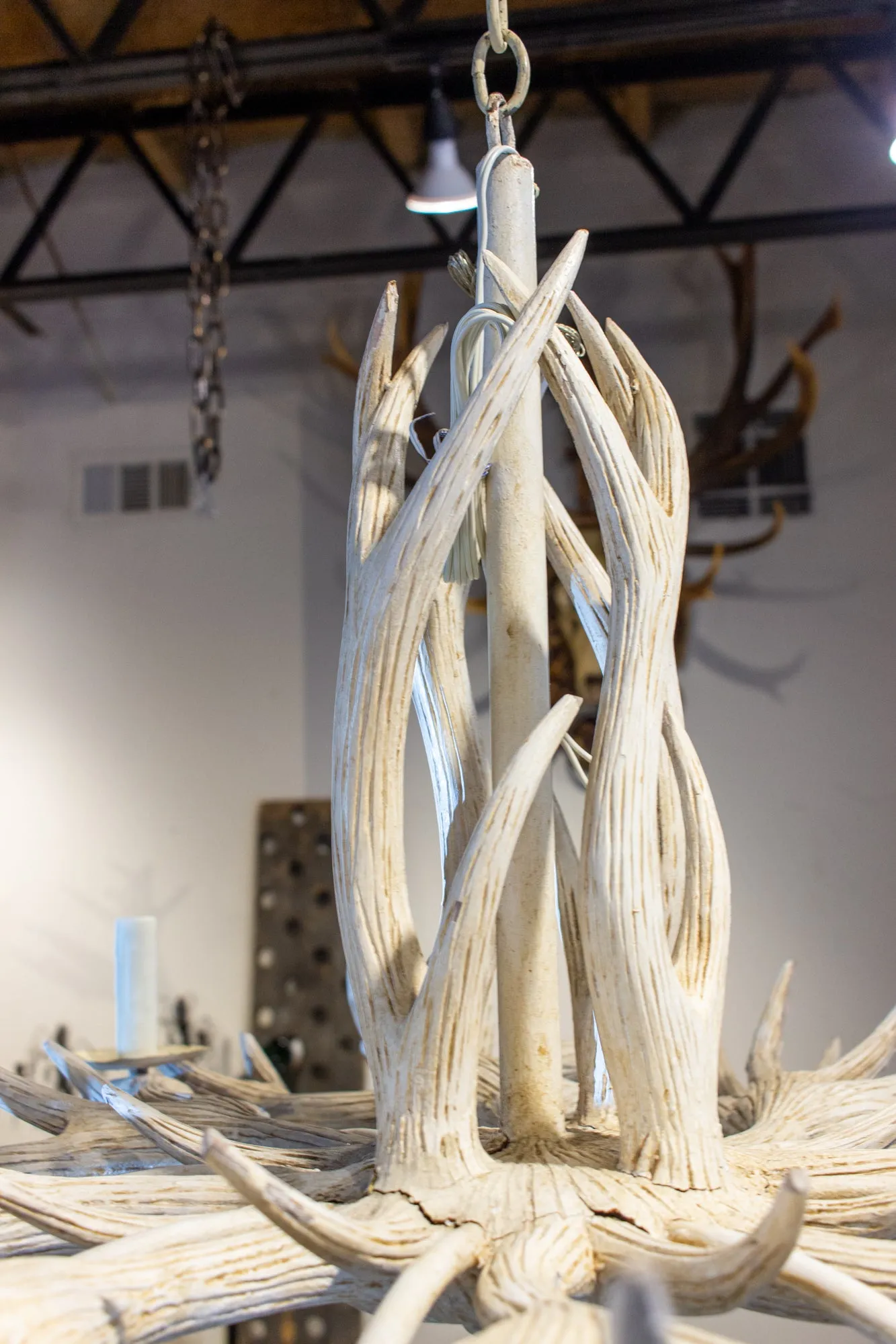 Vintage Hand Carved Wood & Iron Antler Chandelier in Antiqued White
