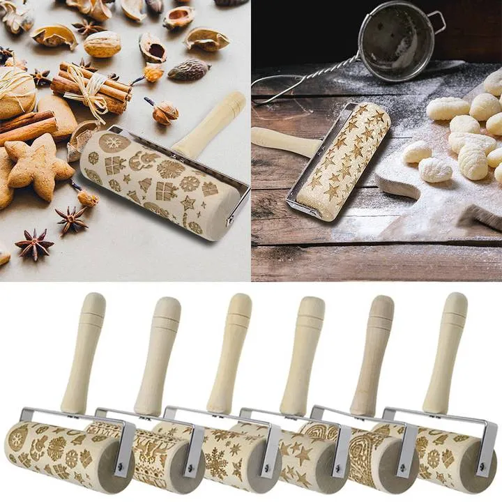 Wooden Rolling Pin Embossing Baking Cookies Biscuit Christmas Dough Roller