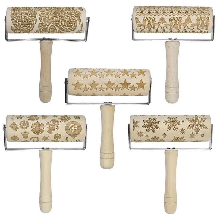 Wooden Rolling Pin Embossing Baking Cookies Biscuit Christmas Dough Roller