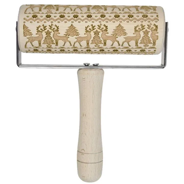 Wooden Rolling Pin Embossing Baking Cookies Biscuit Christmas Dough Roller