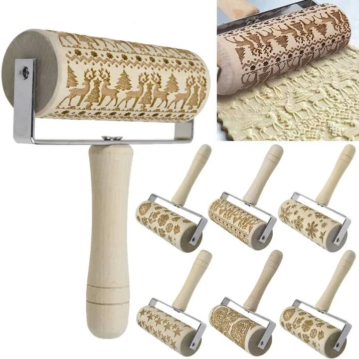Wooden Rolling Pin Embossing Baking Cookies Biscuit Christmas Dough Roller