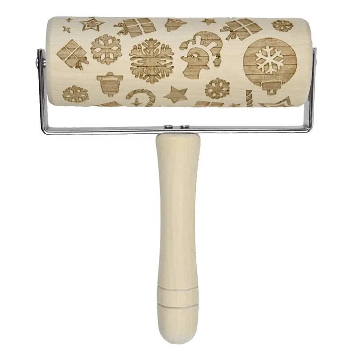 Wooden Rolling Pin Embossing Baking Cookies Biscuit Christmas Dough Roller