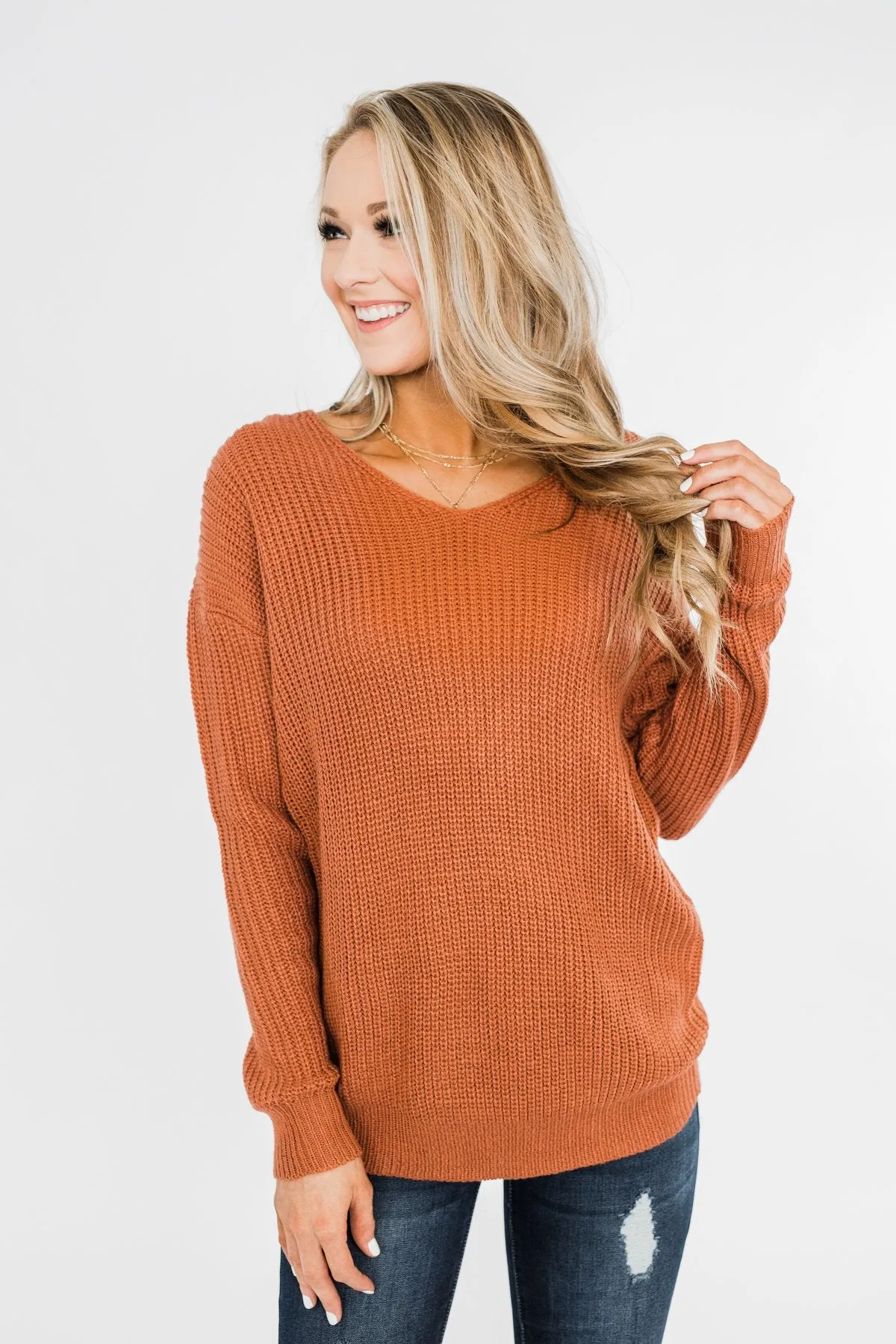 Xoxo Open Back Twist Sweater- Rust