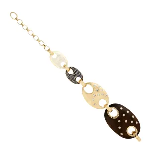 Yellow Gold Bezel Diamond Oval Mop Wood Pave Blue Sapphire Unique Fixed & Flexible Bracelet